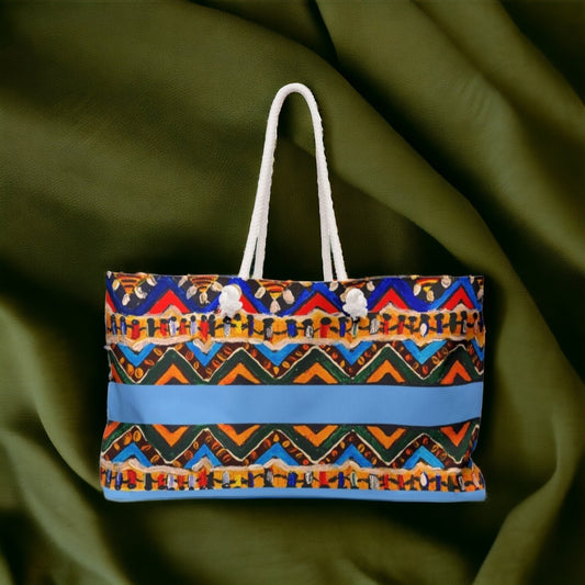 Artisanal Aztec Weekender Tote - Large, Sturdy Beach Bag with Thick Rope Handles