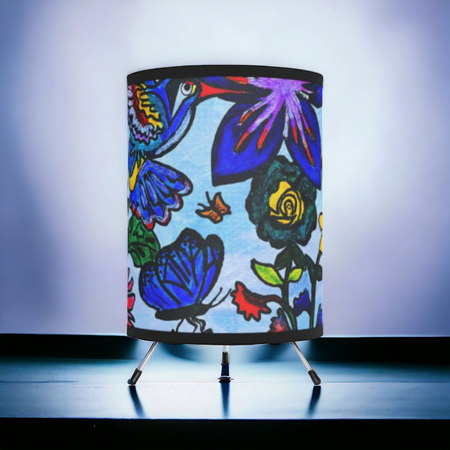 Spring Floral Themed Tripod Lamp, Artisan Crafted with High-Res Shade