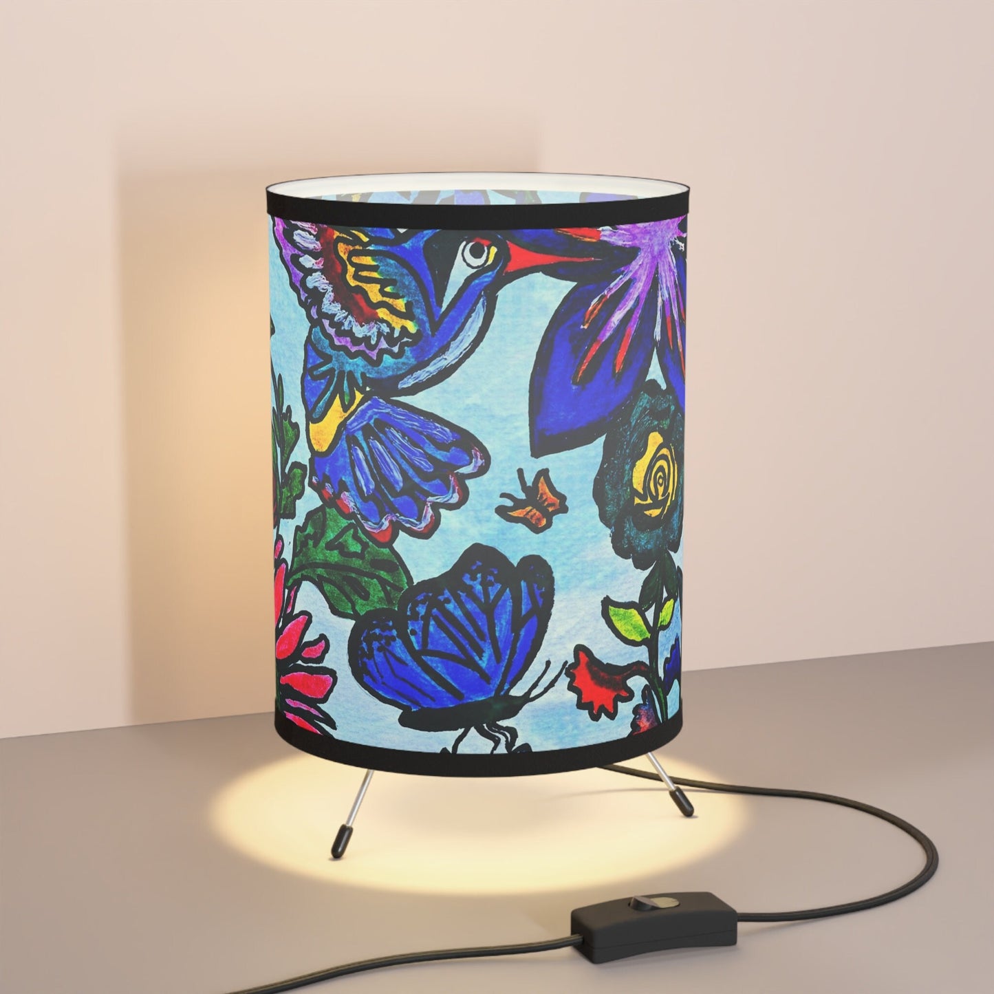 Spring Floral Themed Tripod Lamp, Artisan Crafted with High-Res Shade
