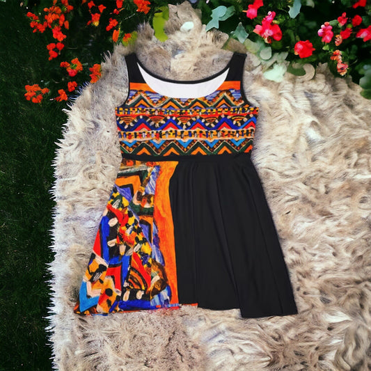 Boho Chic Handcrafted Women's Skater Dress – Tribal-Inspired Textile