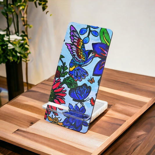 Mobile Display Stand with Handcrafted Spring Floral Artwork, Artisan Phone Holder
