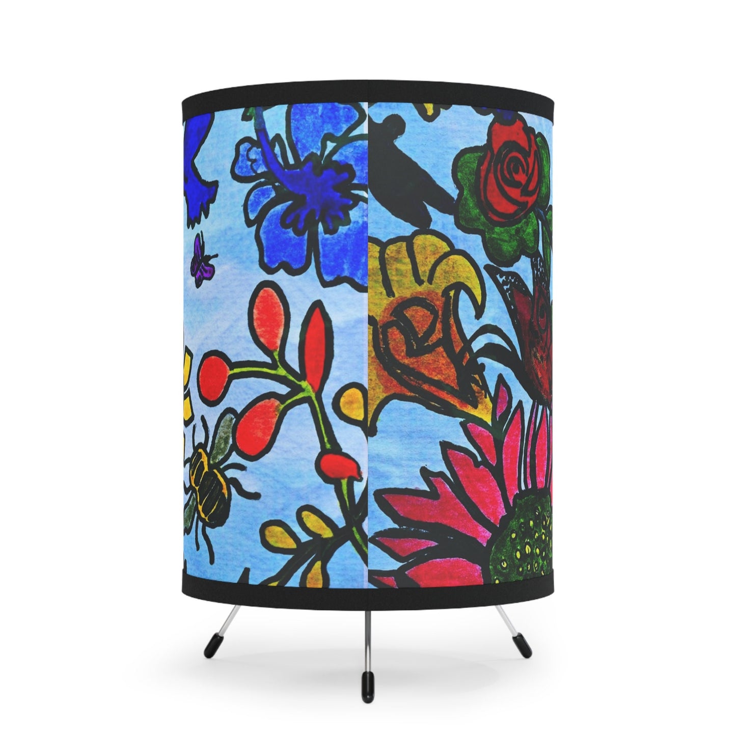 Spring Floral Themed Tripod Lamp, Artisan Crafted with High-Res Shade