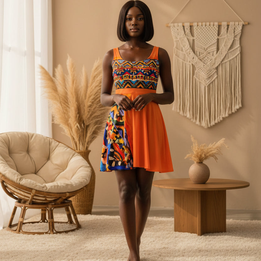 Vibrant Handcrafted Women's Skater Dress - Tribal Textile Design