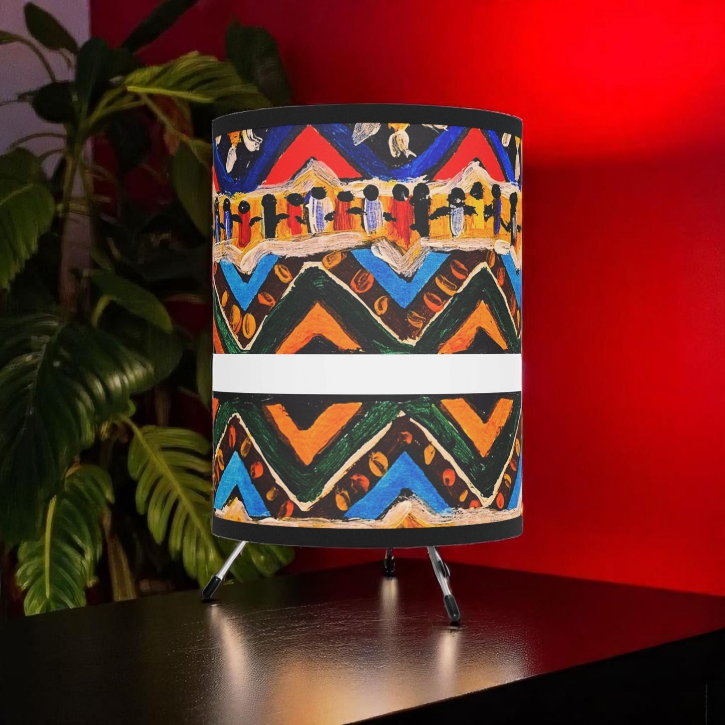 Boho Aztec Design Tripod Lamp, Handcrafted with High-Res Printed Shade
