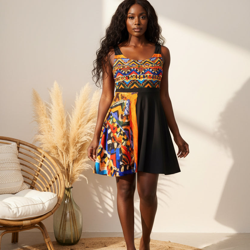 Boho Chic Handcrafted Women's Skater Dress – Tribal-Inspired Textile