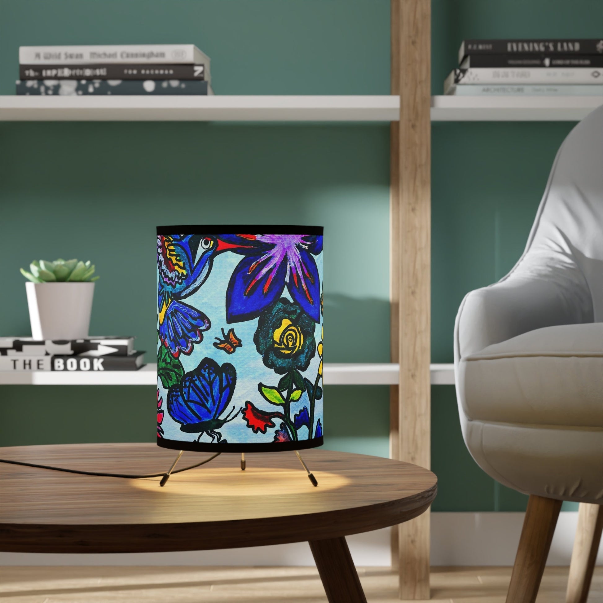 Spring Floral Themed Tripod Lamp, Artisan Crafted with High-Res Shade
