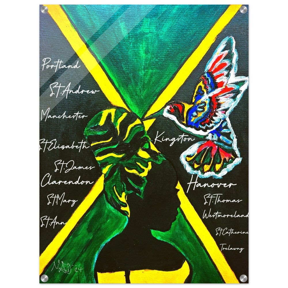Hand Drawn Wall Art with Jamaican Woman, Original Acrylic Painting for Bohemian