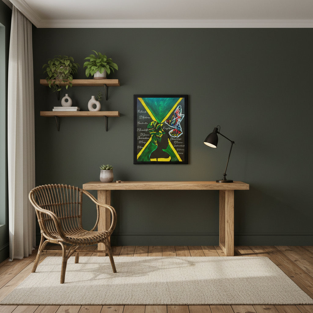 Handcrafted Ethnic Wall Art - Jamaican Female Portrait with Flag Colors, Cultural Home Accent