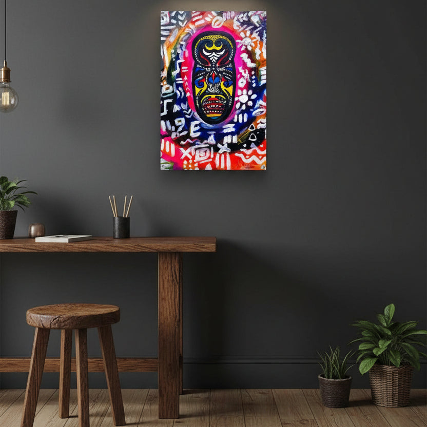 Vibrant Tribal Mask Painting, Acrylic Print - Authentic Handcrafted Decor