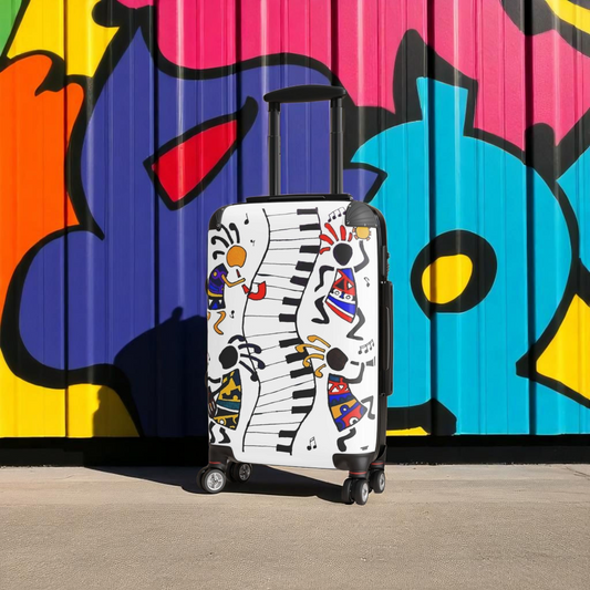 Eclectic Music Art Suitcase - Handcrafted, 360 Degree, Swivel Wheels