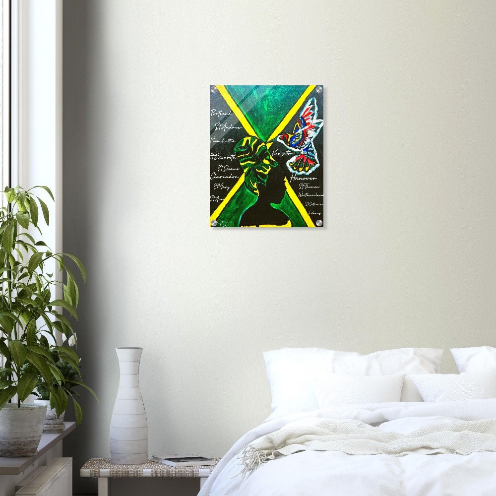 Hand Drawn Wall Art with Jamaican Woman, Original Acrylic Painting for Bohemian