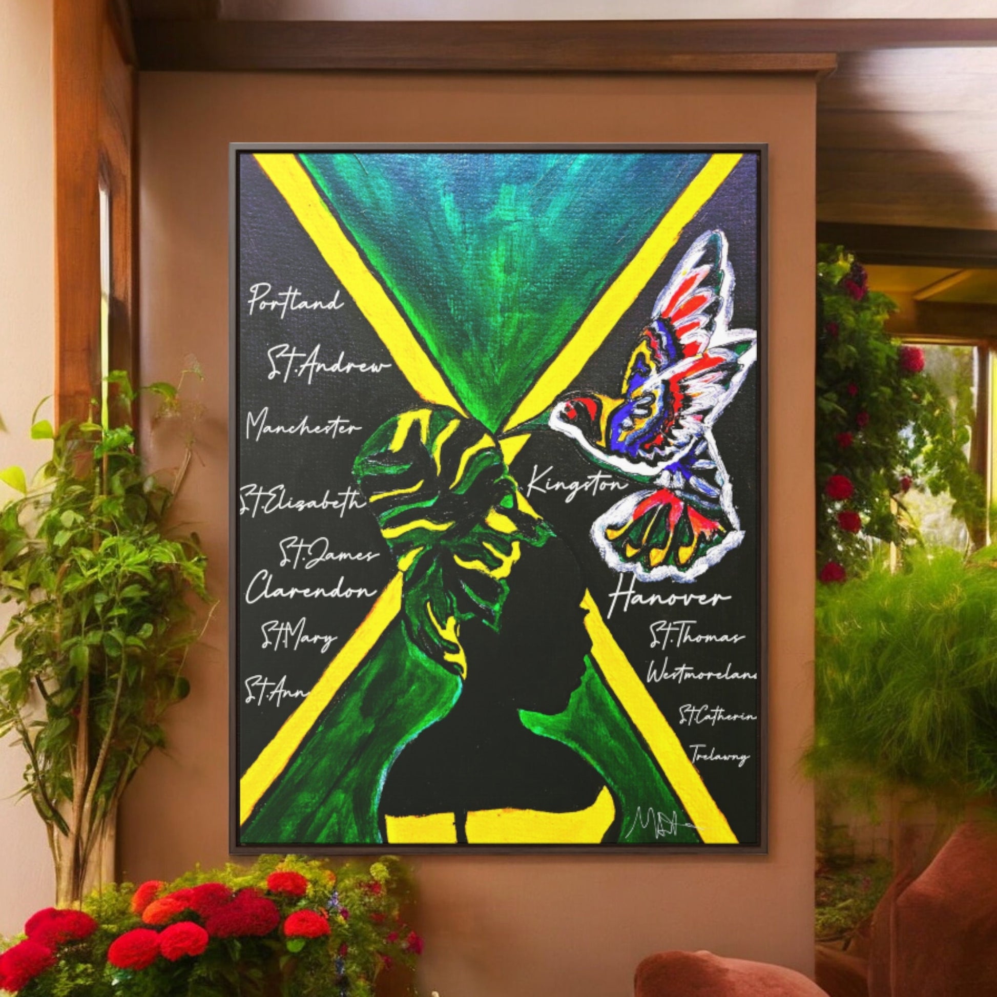 Hand-Painted Jamaican Flag Canvas Wrap - Original Vertical Frame for Living Room Art