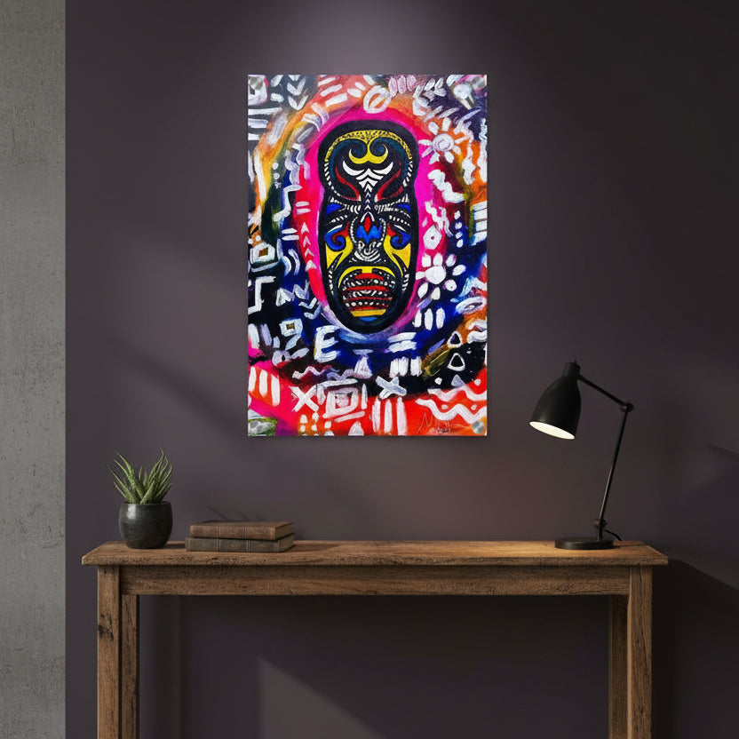 Vibrant Tribal Mask Painting, Acrylic Print - Authentic Handcrafted Decor