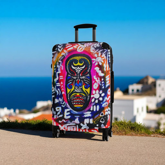 Multi-Size Tribal Mask Suitcase - Eye-Catching Design, Adjustable Handle, Smooth 360 Wheels