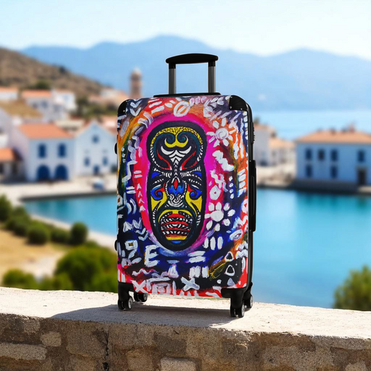 Multi-Size Tribal Mask Suitcase - Eye-Catching Design, Adjustable Handle, Smooth 360 Wheels