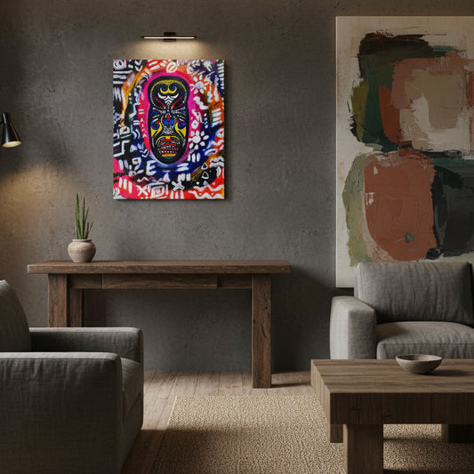 Artisan Tribal Mask Painting on Matte Stretched Canvas, Eco-Friendly Wall Art for Home Decor