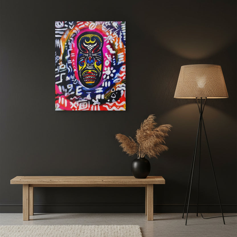Artisan Tribal Mask Painting on Matte Stretched Canvas, Eco-Friendly Wall Art for Home Decor Printify