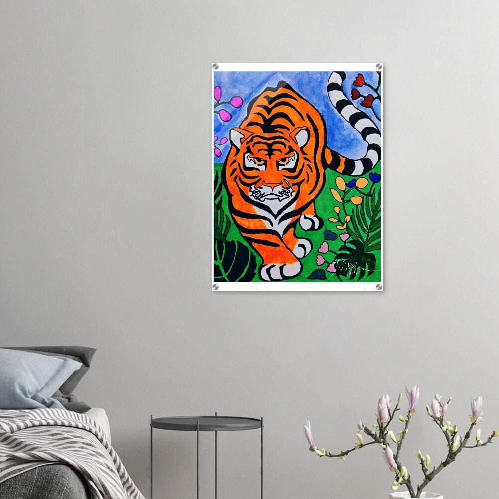 Striking Original Watercolor Tiger Acrylic Print - Vibrant Jungle Cat Artwork - Ideal For Living Room Display - Unique Art Collector Gift