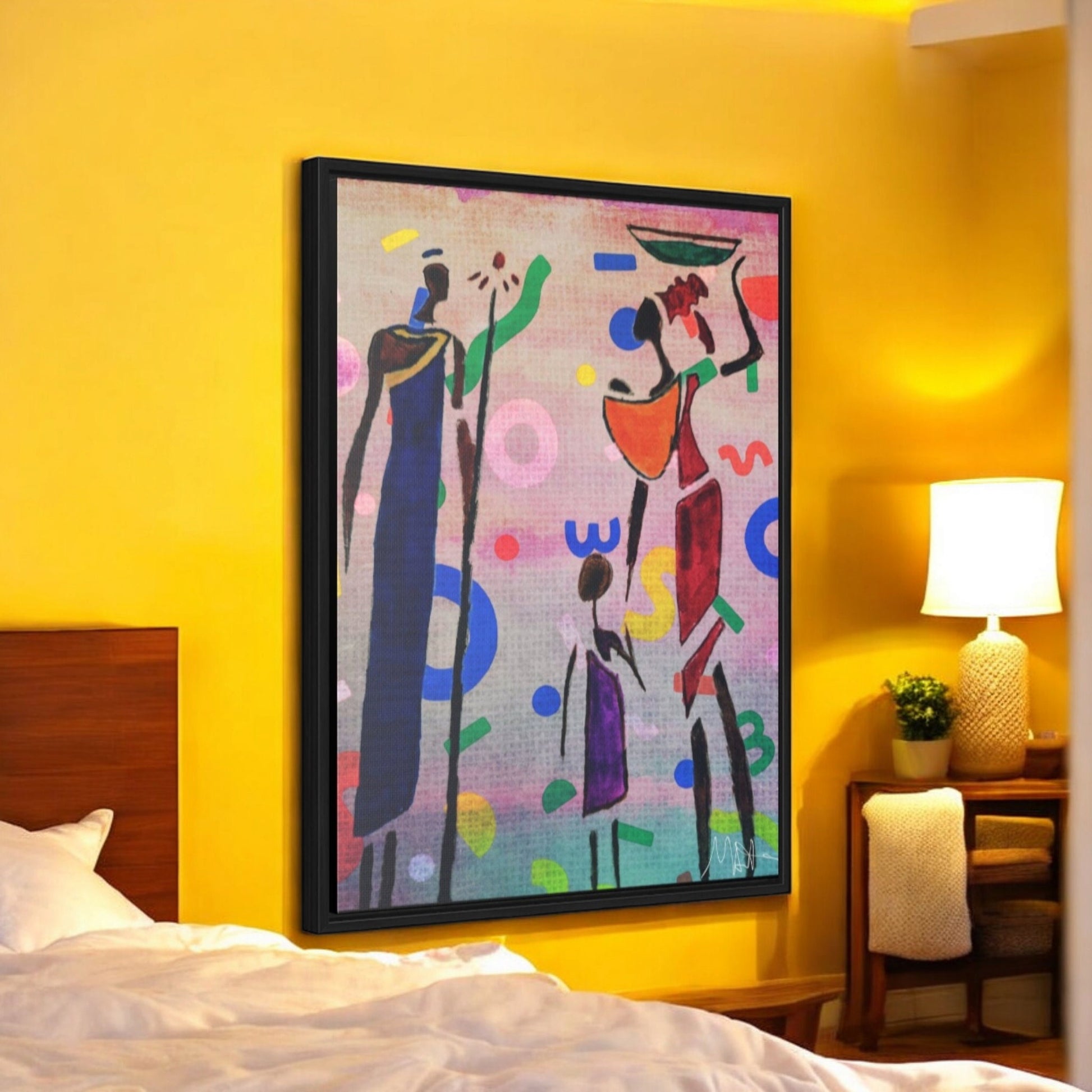 Tribal African Family Sketch - Handcrafted Wall Art, Authentic Home Decoration, Vertical Frame