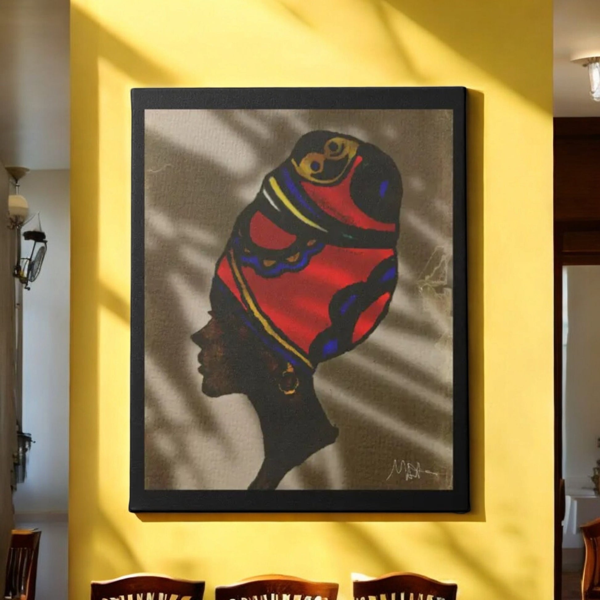 Original Artisan Black Woman Portrait, Elegant Afrocentric Painting, Office Decor