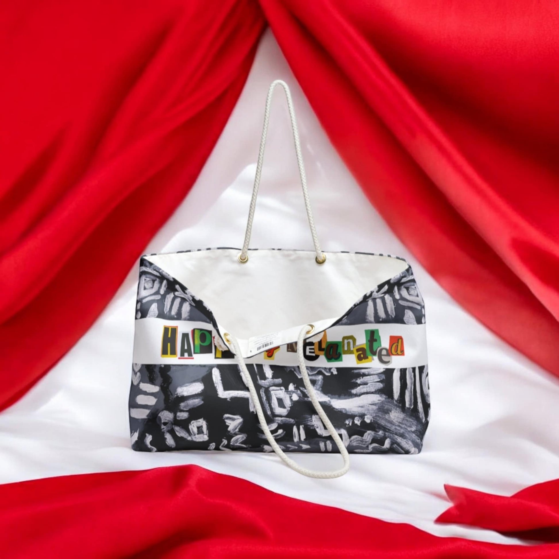 Black and White, Tribal Patterned Weekender Bag, Oversized, Durable Tote with Rope Handles for Beach & City Getaways, Unique Travel Gift