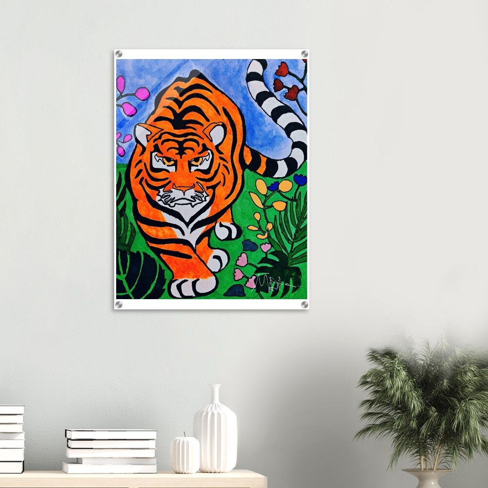 Striking Original Watercolor Tiger Acrylic Print - Vibrant Jungle Cat Artwork - Ideal For Living Room Display - Unique Art Collector Gift