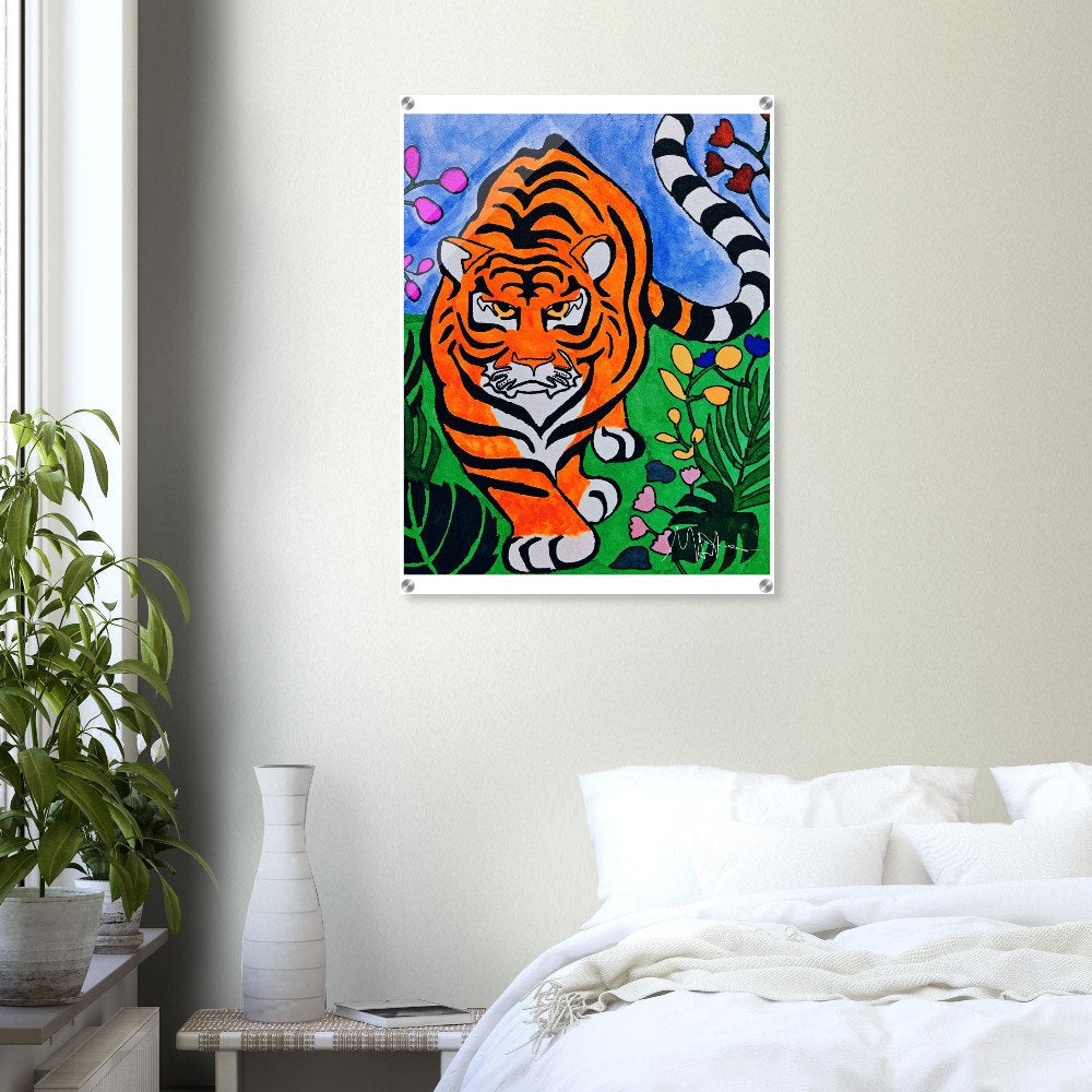Striking Original Watercolor Tiger Acrylic Print - Vibrant Jungle Cat Artwork - Ideal For Living Room Display - Unique Art Collector Gift