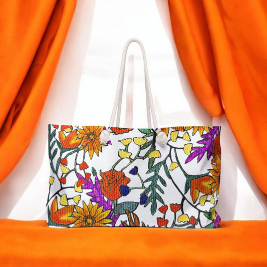 Autumn Themed Hand Drawn Floral Weekender Bag - Thick Rope Handle