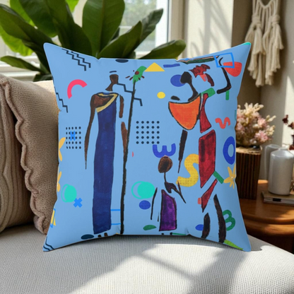 Ethnic Family Doodle Spun Polyester Square Pillow - Handcrafted Accent Throw Cushion
