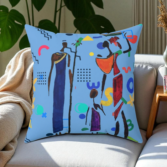 Ethnic Family Doodle Spun Polyester Square Pillow - Handcrafted Accent Throw Cushion