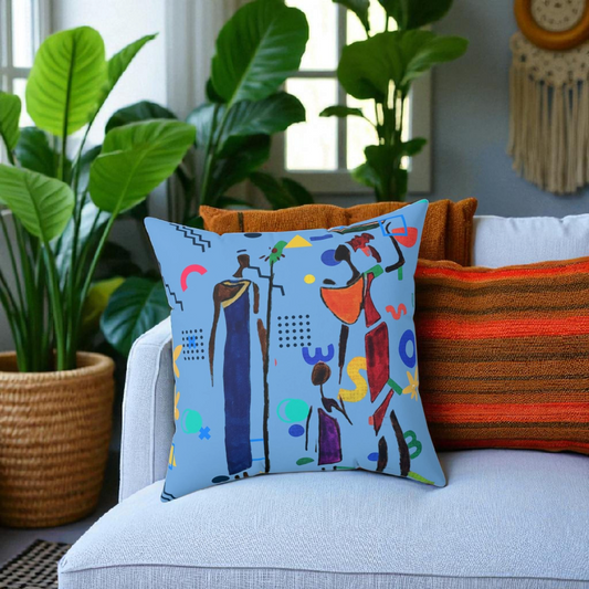 Ethnic Family Doodle Spun Polyester Square Pillow - Handcrafted Accent Throw Cushion