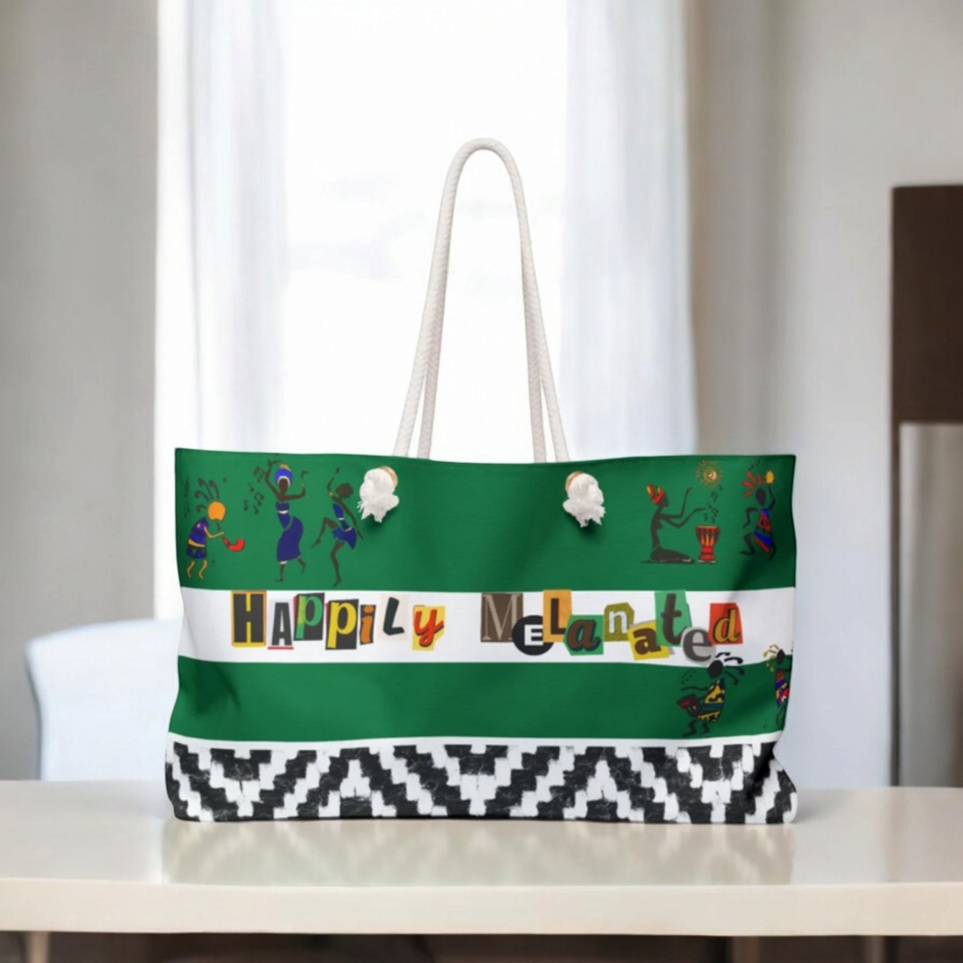 Handcrafted Ethnic Music Art Weekender Bag - Oversized, Durable Tote with Rope Handles