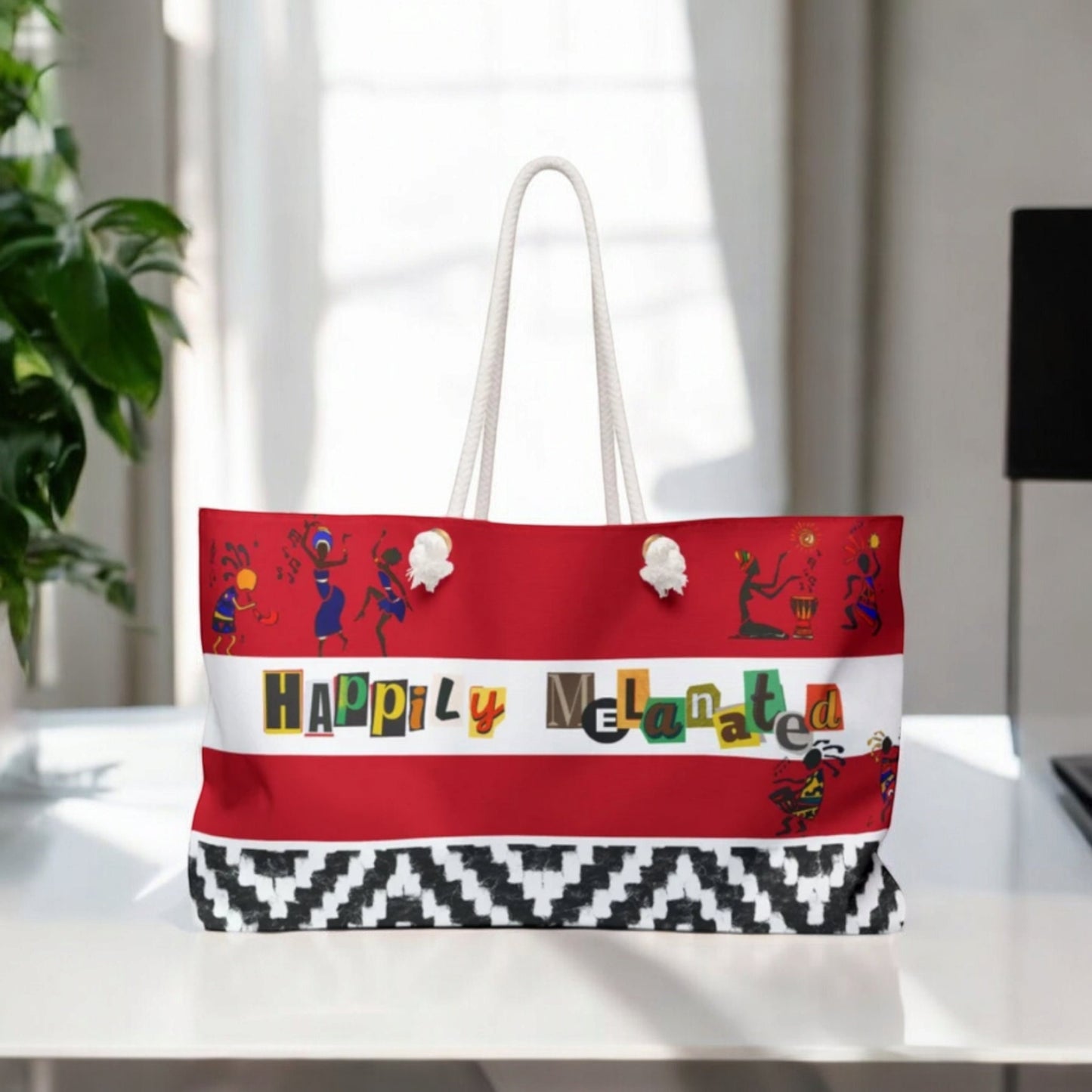 Handcrafted Ethnic Music Art Weekender Bag - Oversized, Durable Tote with Rope Handles