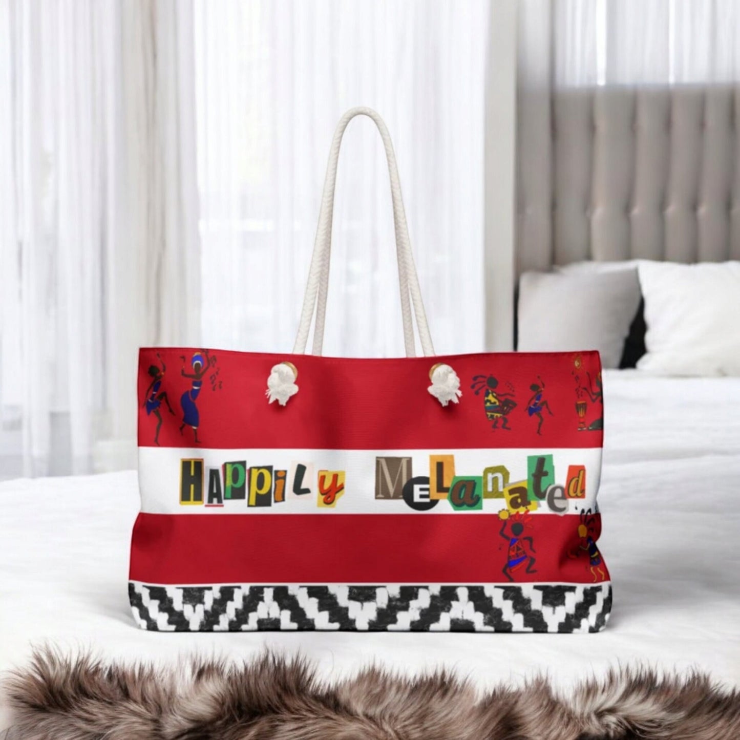 Handcrafted Ethnic Music Art Weekender Bag - Oversized, Durable Tote with Rope Handles
