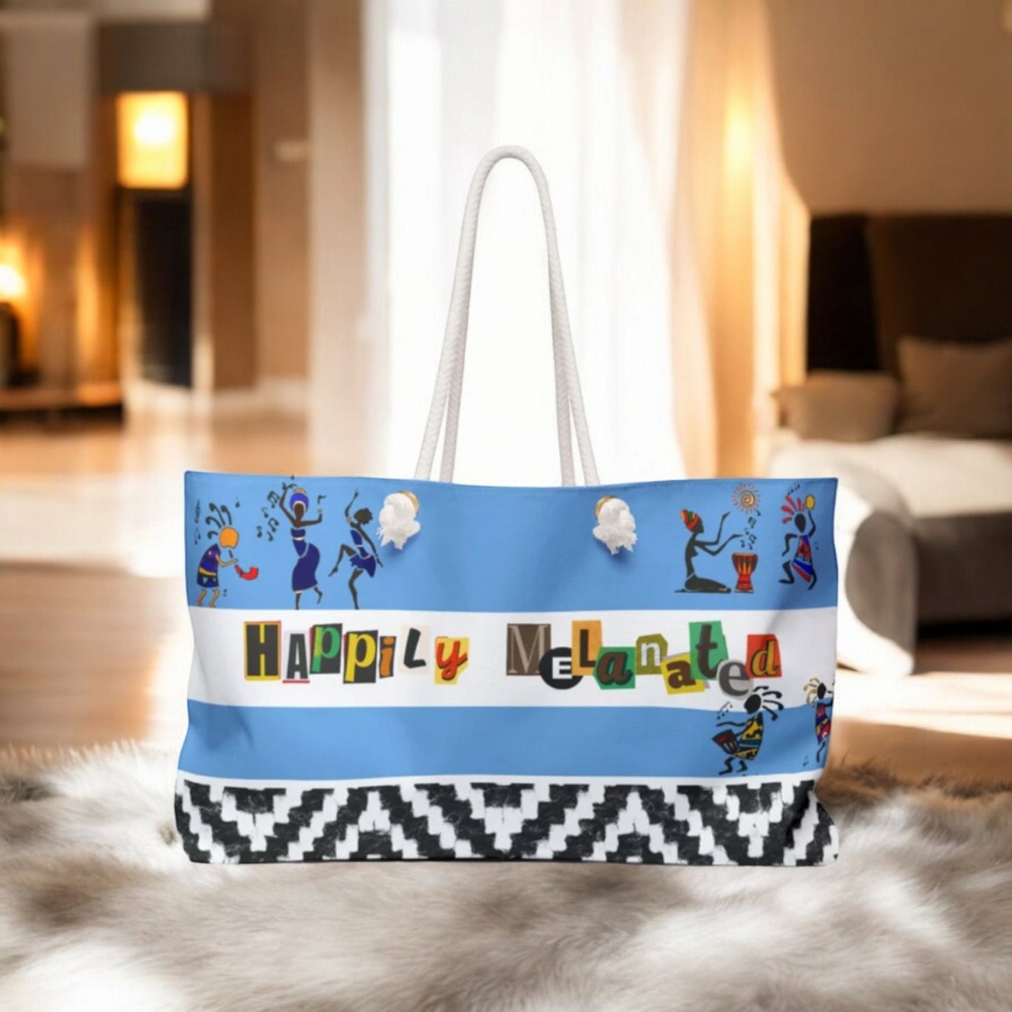 Handcrafted Ethnic Music Art Weekender Bag - Oversized, Durable Tote with Rope Handles