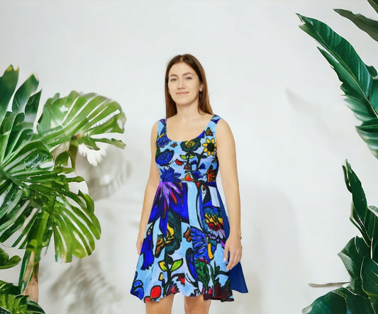 Artisanal Spring Floral Skater Dress - Vibrant Artwork Apparel - Perfect for Summer Outings