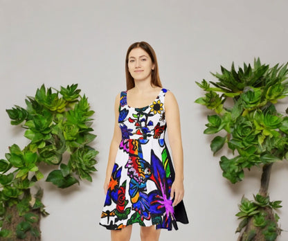 Artisanal Spring Floral Skater Dress - Vibrant Artwork Apparel - Perfect for Spring Outings
