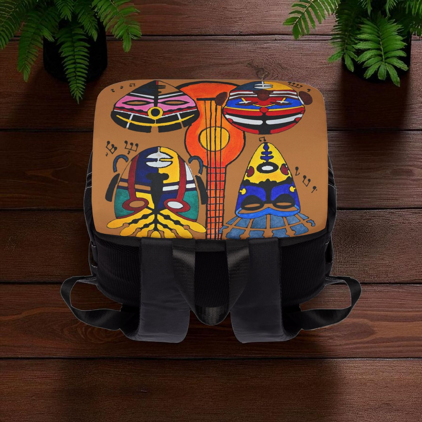 Afro Music Guitar Cartoon Backpack, Handcrafted Unisex Shoulder Bag, Music Lover Gift