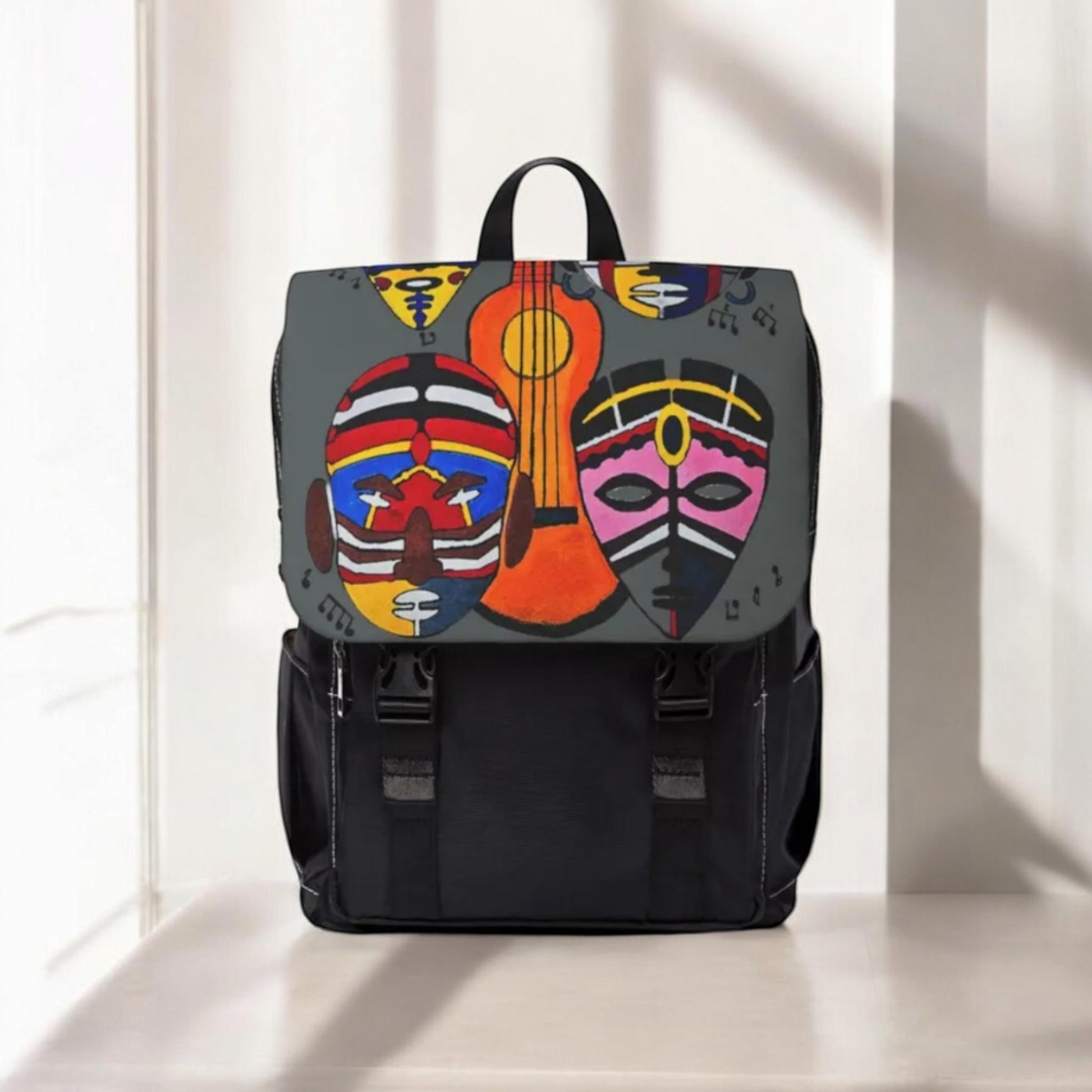Afro Music Guitar Cartoon Backpack, Handcrafted Unisex Shoulder Bag, Music Lover Gift