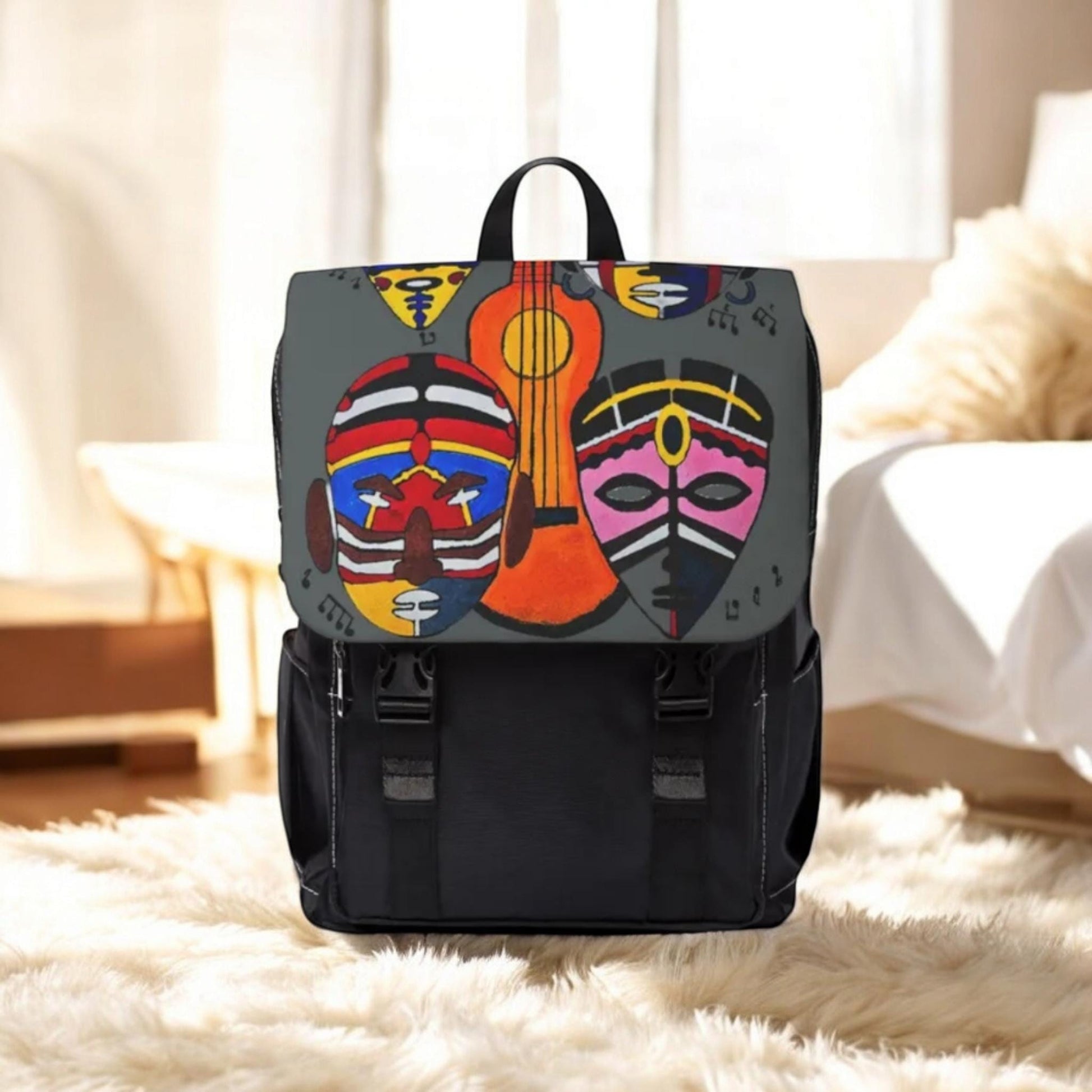 Afro Music Guitar Cartoon Backpack, Handcrafted Unisex Shoulder Bag, Music Lover Gift