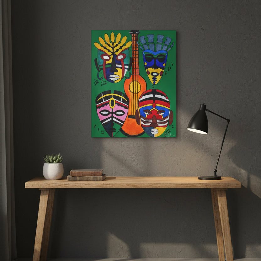 Tribal Mask Canvas, Singing Mask Painting, Wall Art Decor, Home Office Decoration
