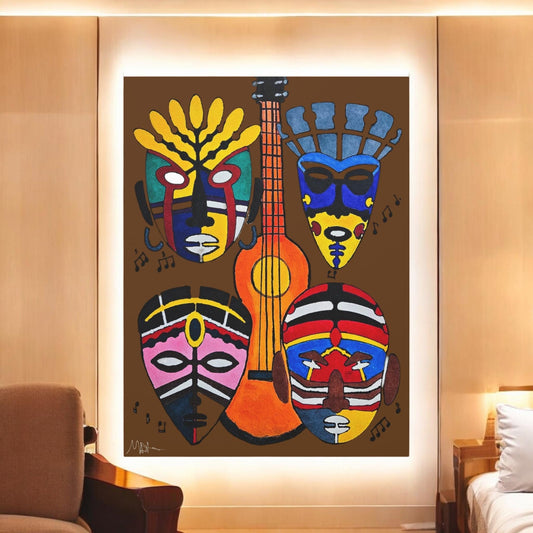 Tribal Mask Canvas, Singing Mask Painting, Wall Art Decor, Home Office Decoration