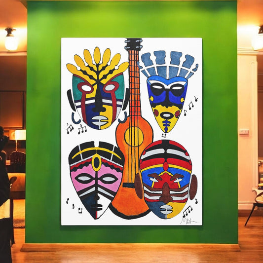Tribal Mask Canvas, Singing Mask Painting, Wall Art Decor, Home Office Decoration