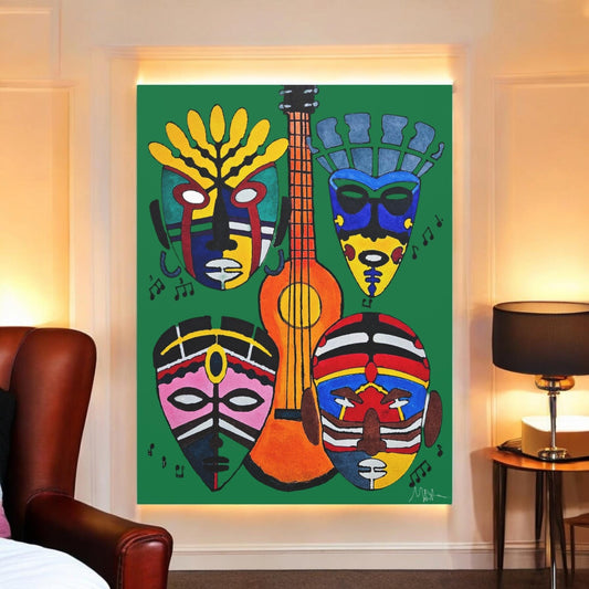 Tribal Mask Canvas, Singing Mask Painting, Wall Art Decor, Home Office Decoration