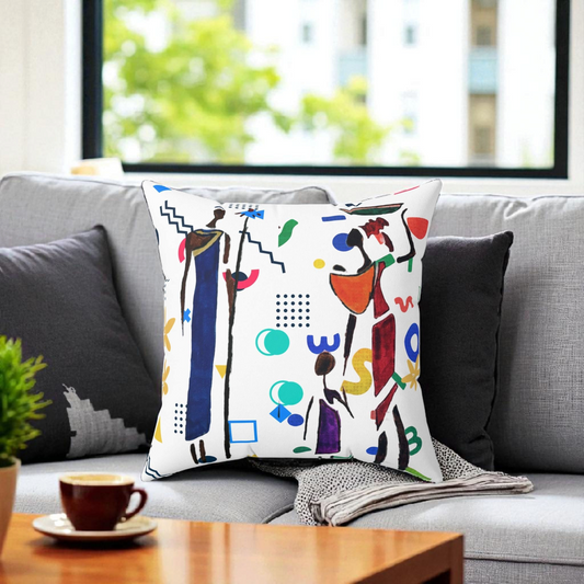 Ethnic Family Doodle Spun Polyester Square Pillow - Handcrafted Accent Throw Cushion