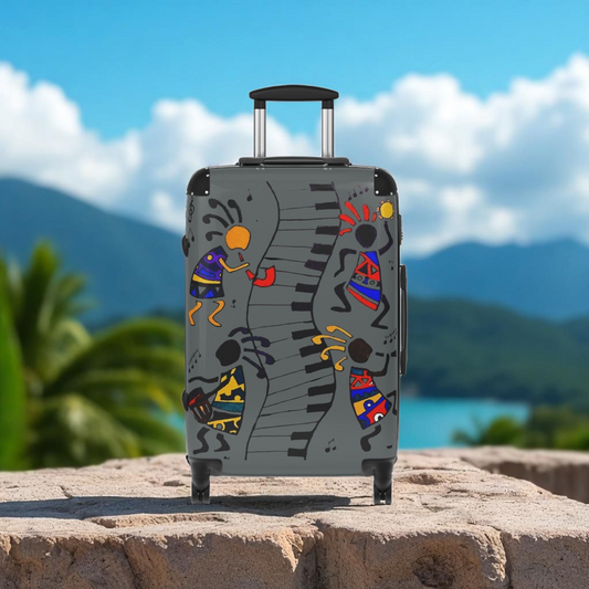 Suitcase, Afro Music Cartoon Suitcase, Handcrafted Luggage Bag, Traveler Gift
