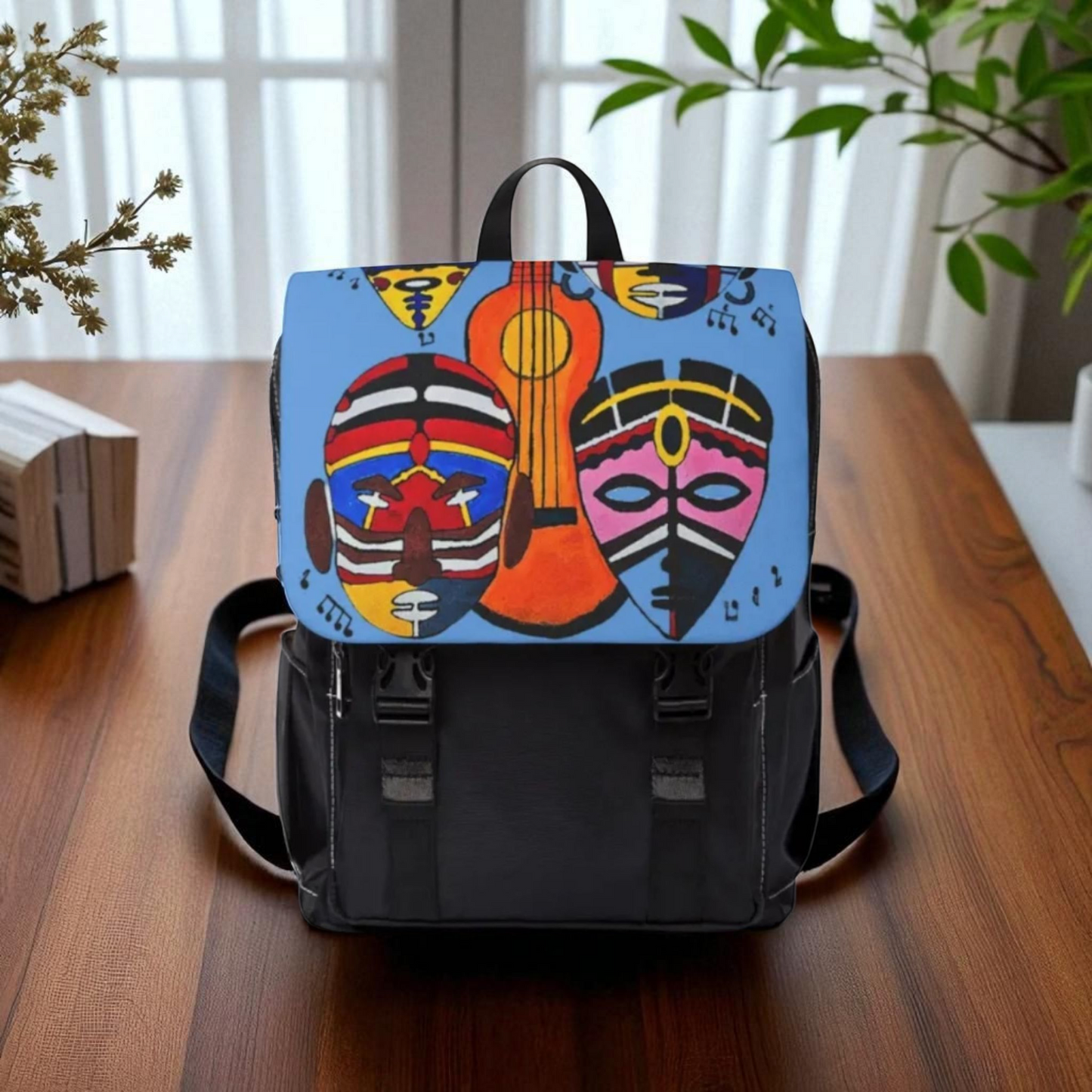 Afro Music Guitar Cartoon Backpack, Handcrafted Unisex Shoulder Bag, Music Lover Gift