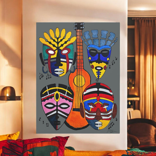 Canvas Wall Art, Tribal Mask Painting, Singing Mask Home Decor