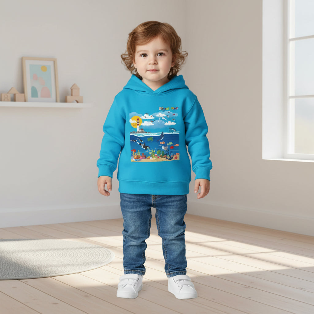Ocean Friends Toddler Pullover Fleece Hoodie, Aquatic Theme Sweatshirt for Kids, Sea Animal Graphic Jumper, Orca Dolphin Children's Hooded