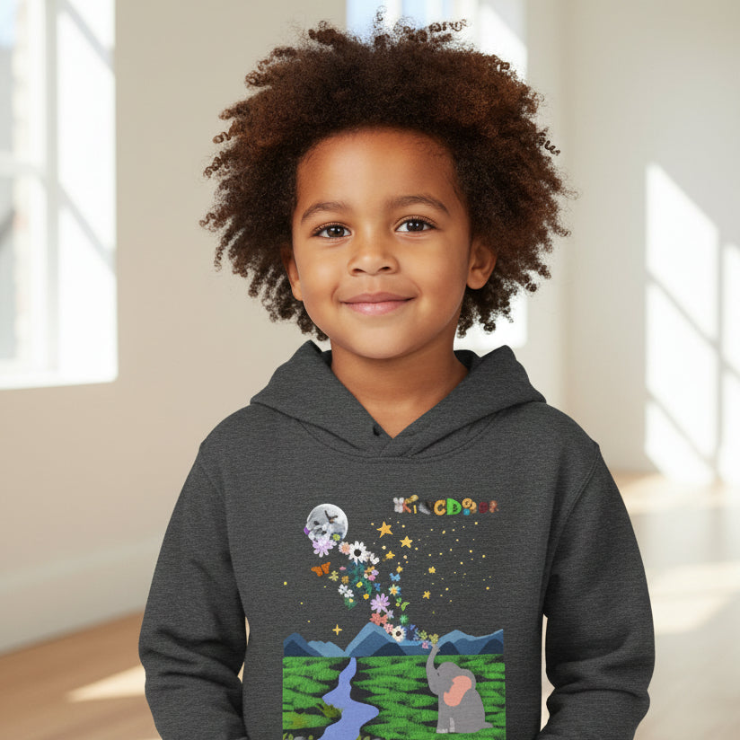 Elephant & Floral Night Sky Toddler Hoodie, Wildlife Theme Pullover Fleece